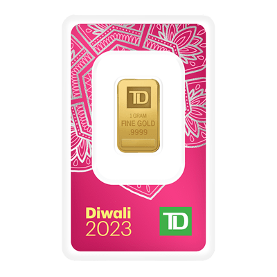 A picture of a 1 gram TD Diwali Gold Bar (2023)